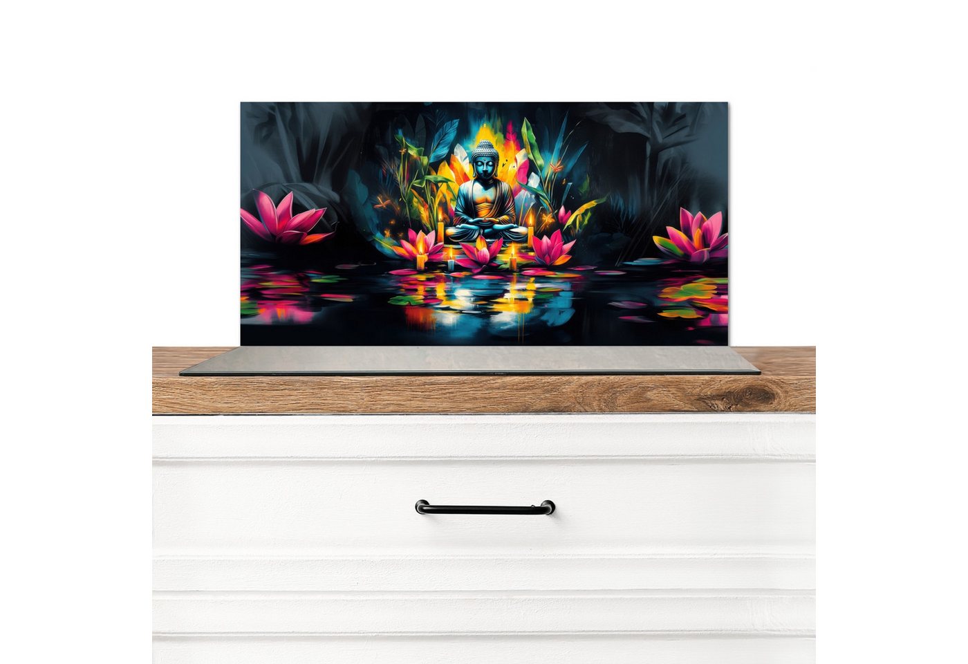MuchoWow Küchenrückwand Kerzen - Blumen - Buddha - Wasser, (1-tlg), Spritzschutz Küchenrückwand, Wandschutz, 60x30 cm von MuchoWow