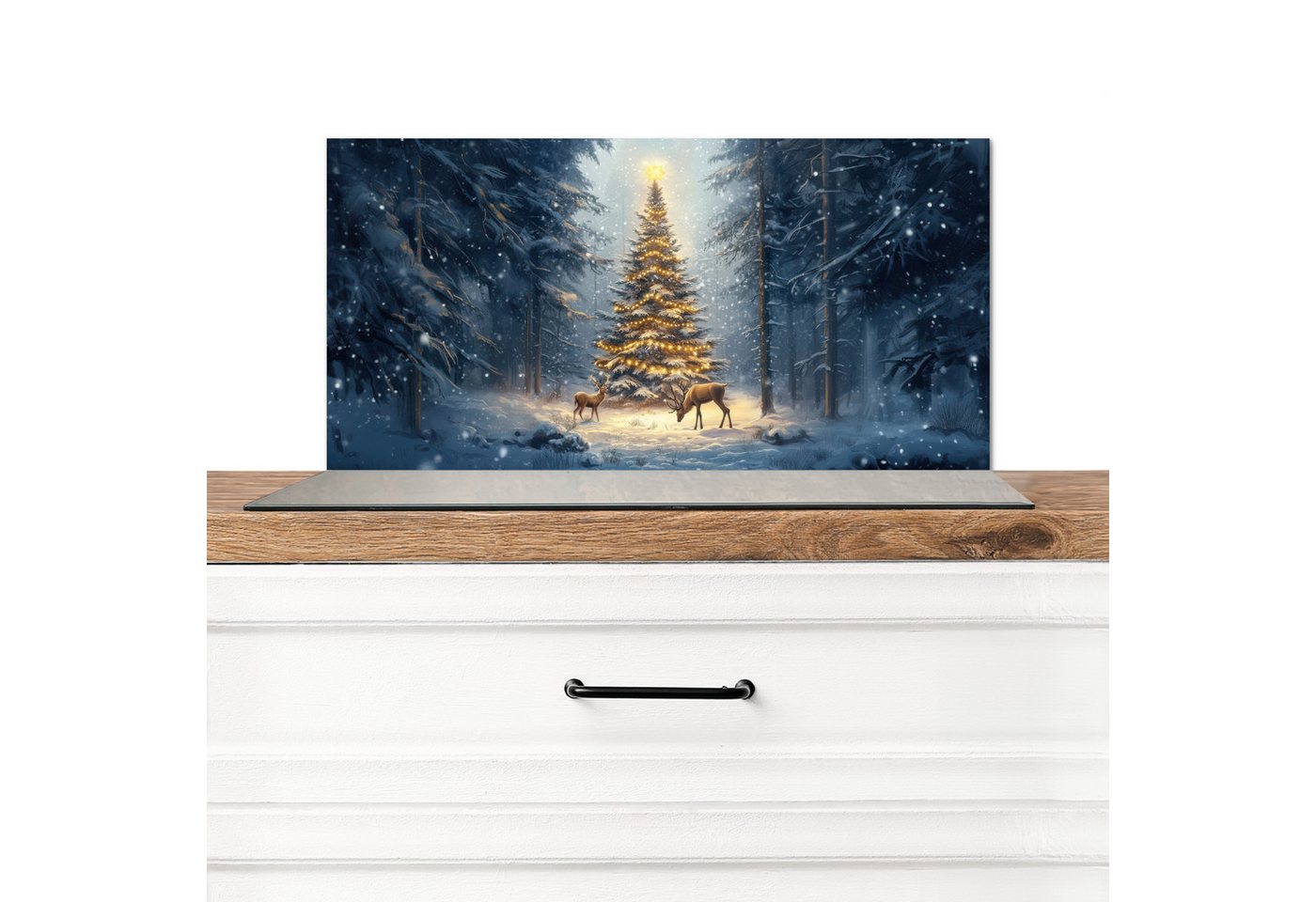 MuchoWow Küchenrückwand Weihnachtsbeleuchtung - Wald - Hirsche - Dunkelheit, (1-tlg), Spritzschutz Küche, Küchendeko, 60x40 cm von MuchoWow