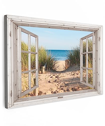 MuchoWow Leinwand Bilder, Einzigartige Wanddeko mit Rahmen, Durchblick - Strand - Meer - Dünen - Sand - Wasser - Hochgras, Wandbilder Wohnzimmer, Deko Schlafzimmer 120x80 cm von MuchoWow