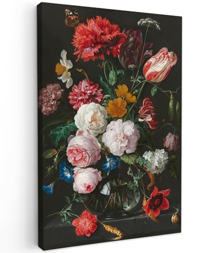 MuchoWow Leinwand Bilder, Einzigartige Wanddeko mit Rahmen, Stilleben mit Blumen in einer Glasvase - Gemälde von Jan Davidsz. de Heem, Wandbilder Wohnzimmer, Deko Schlafzimmer 60x90 cm von MuchoWow