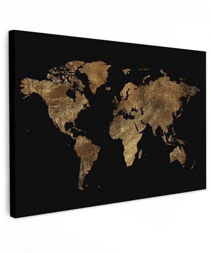 MuchoWow Leinwand Bilder, Einzigartige Wanddeko mit Rahmen, Weltkarte - Gold - Luxus - Erde - Schwarz, Wandbilder Wohnzimmer, Deko Schlafzimmer 120x80 cm von MuchoWow
