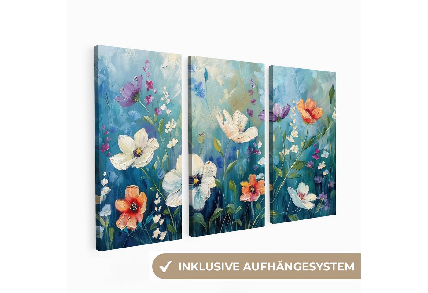 MuchoWow Leinwandbild Blumen - Bunt - Blau - Natur, Fotodruck (3 St), Wand Bilder 3 Set, Deko Schlafzimmer Wohnzimmer Flur 60x40 cm von MuchoWow