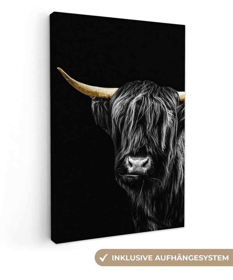 OneMillionCanvasses® Leinwandbild Schottischer Highlander - Gold - Schwarz, (1 St), Leinwandbild fertig bespannt inkl. Zackenaufhänger, Gemälde, 20x30 cm von OneMillionCanvasses®