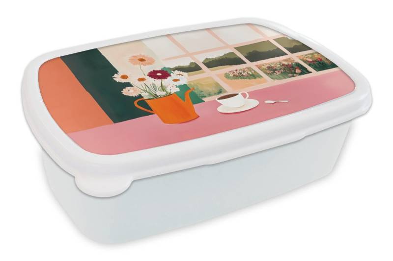 MuchoWow Lunchbox Blumen - Kaffee - Fenster, Kunststoff, (2-tlg), Brotdose Schule oder Arbeit, Brotbox für Kinder und Erwachsene von MuchoWow
