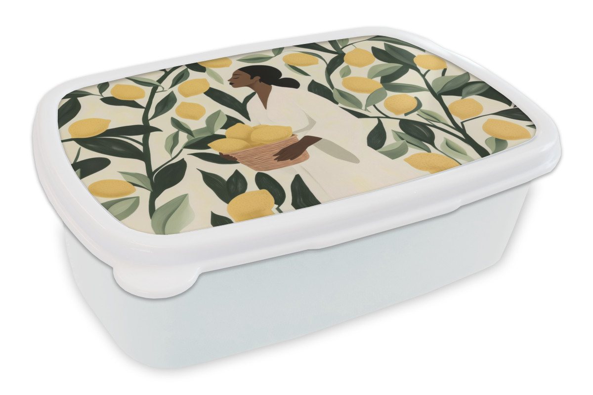 MuchoWow Lunchbox Frau - Korb - Zitronen - Blätter, Kunststoff, (2-tlg), Brotdose Schule oder Arbeit, Brotbox für Kinder und Erwachsene von MuchoWow