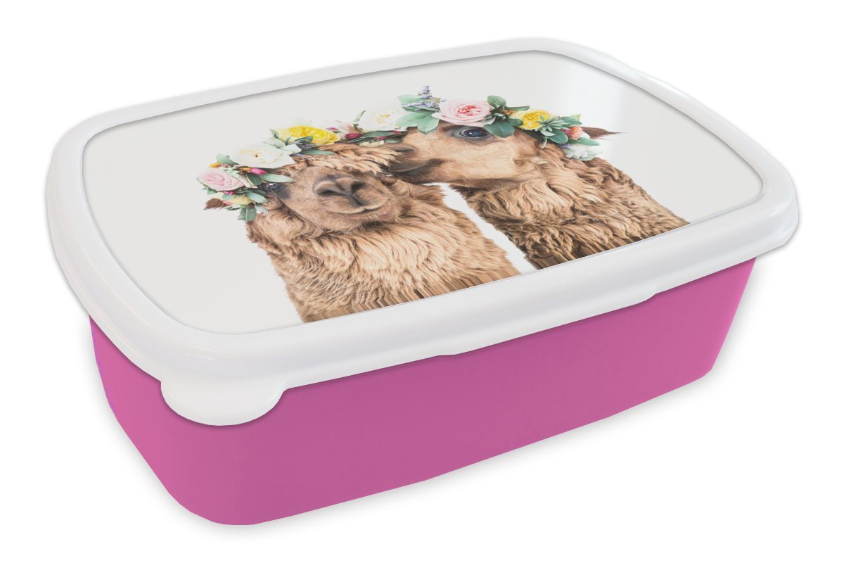 MuchoWow Lunchbox Alpaka - Blumen - Tiere - Natur, Kunststoff, (2-tlg), Brotbox für Erwachsene, Brotdose Kinder, Snackbox, Mädchen, Kunststoff von MuchoWow