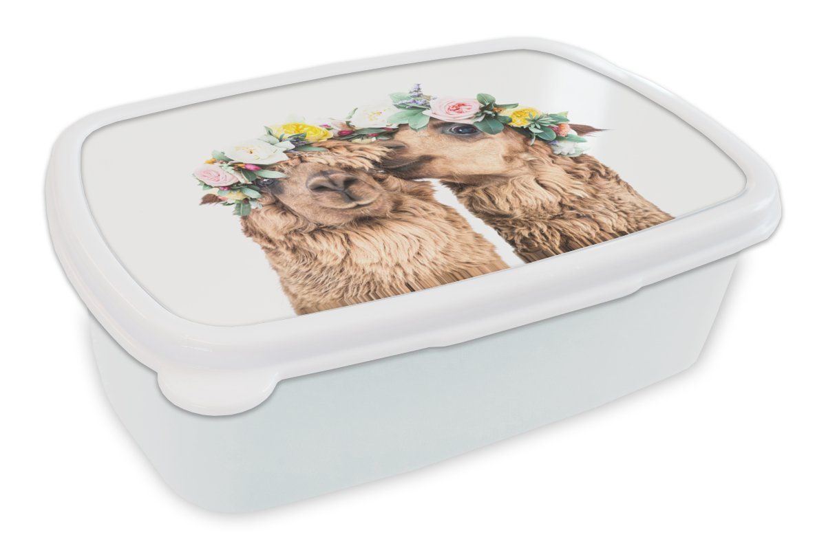 MuchoWow Lunchbox Alpaka - Blumen - Tiere - Natur, Kunststoff, (2-tlg), Brotbox für Kinder und Erwachsene, Brotdose, für Jungs und Mädchen von MuchoWow