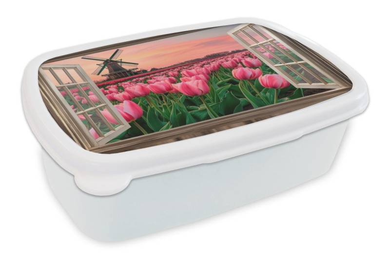 MuchoWow Lunchbox Ausblick - Tulpen - Blumen - Mühle - Fenster, Kunststoff, (2-tlg), Brotdose Schule oder Arbeit, Brotbox für Kinder und Erwachsene von MuchoWow