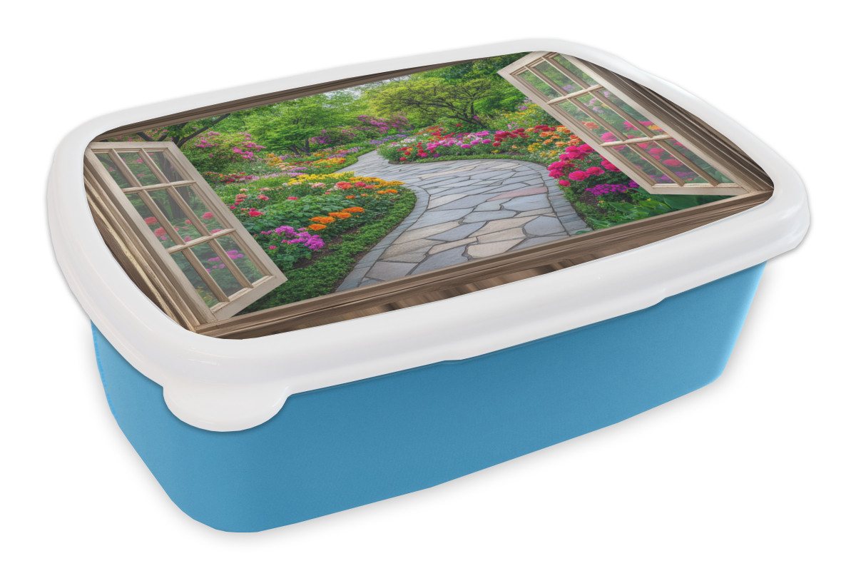 MuchoWow Lunchbox Aussicht - Blumen - Gartenweg - Natur - Fenster, Kunststoff, (2-tlg), Brotdose, Lunchbox, Brotbox für Kinder und Erwachsene von MuchoWow