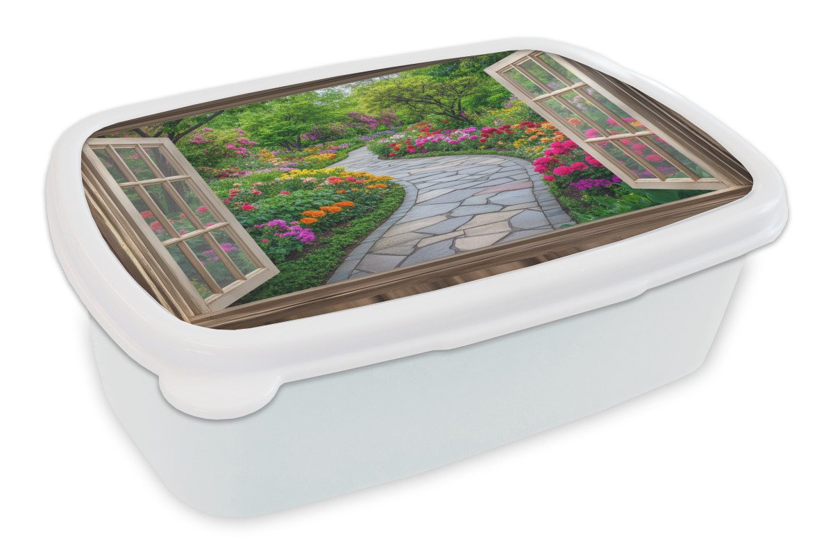 MuchoWow Lunchbox Aussicht - Blumen - Gartenweg - Natur - Fenster, Kunststoff, (2-tlg), Brotdose Schule oder Arbeit, Brotbox für Kinder und Erwachsene von MuchoWow
