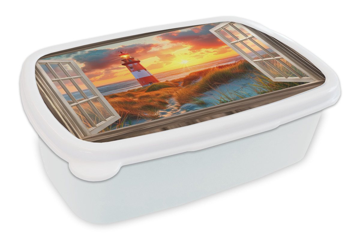 MuchoWow Lunchbox Aussicht - Fenster - Leuchtturm - Sonnenuntergang - Strand, Kunststoff, (2-tlg), Brotdose Schule oder Arbeit, Brotbox für Kinder und Erwachsene von MuchoWow