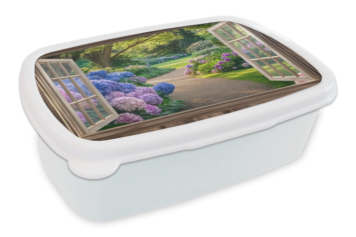 MuchoWow Lunchbox Aussicht - Garten - Fenster - Hortensie - Blumen, Kunststoff, (2-tlg), Brotdose Schule oder Arbeit, Brotbox für Kinder und Erwachsene von MuchoWow