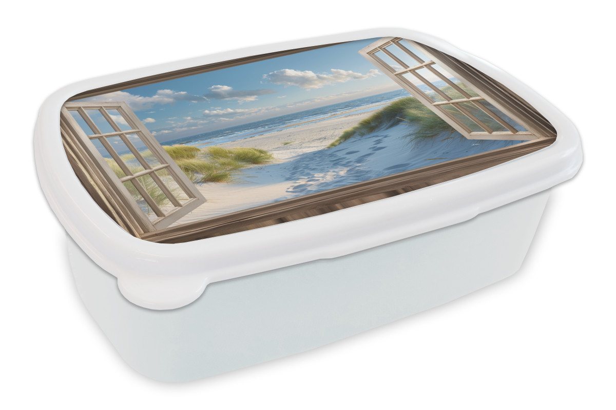 MuchoWow Lunchbox Aussicht - Strand - Fenster - Dünen - Meer, Kunststoff, (2-tlg), Brotdose Schule oder Arbeit, Brotbox für Kinder und Erwachsene von MuchoWow