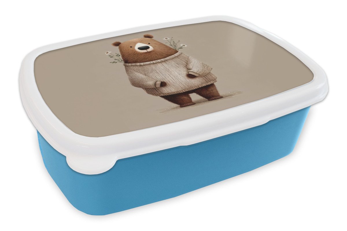 MuchoWow Lunchbox Bär - Weiße Blumen - Gemütlich, Kunststoff, (2-tlg), Brotdose, Lunchbox, Brotbox für Kinder und Erwachsene von MuchoWow