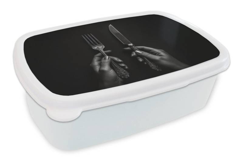 MuchoWow Lunchbox Besteck - Schwarz - Weiß, Kunststoff, (2-tlg), Brotdose Schule oder Arbeit, Brotbox für Kinder und Erwachsene von MuchoWow