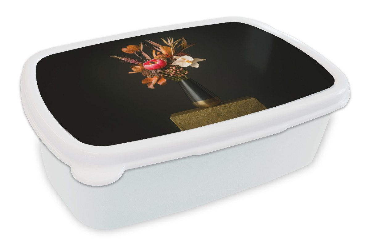 MuchoWow Lunchbox Blumenstrauß - Orange - Gold - Vase, Kunststoff, (2-tlg), Brotdose Schule oder Arbeit, Brotbox für Kinder und Erwachsene von MuchoWow