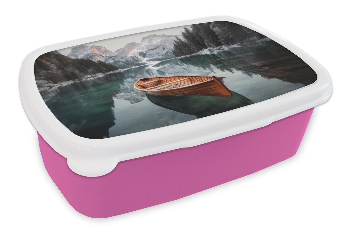 MuchoWow Lunchbox Boot - Berge - Natur - Wasser, Kunststoff, (2-tlg), Brotdosen, Lunch Box, Brotbox für Kinder und Erwachsene von MuchoWow