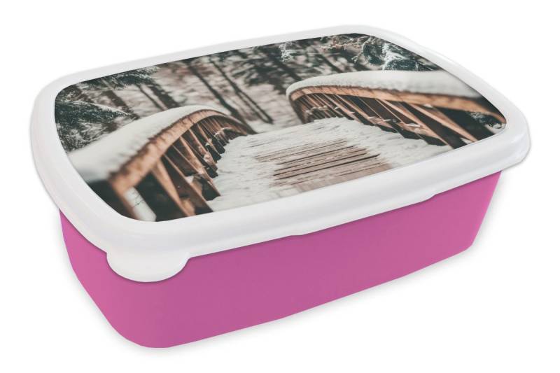 MuchoWow Lunchbox Brücke - Winterlandschaft - Wald - Natur - Schnee, Kunststoff, (2-tlg), Brotdosen, Lunch Box, Brotbox für Kinder und Erwachsene von MuchoWow