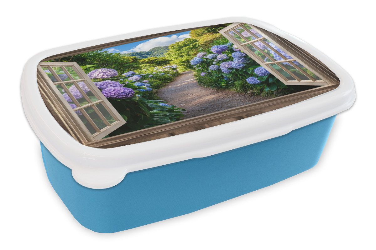 MuchoWow Lunchbox Durchblick - Hortensie - Weg - Natur, Kunststoff, (2-tlg), Brotdose, Lunchbox, Brotbox für Kinder und Erwachsene von MuchoWow