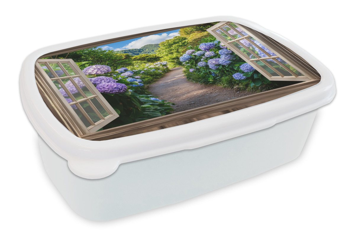 MuchoWow Lunchbox Durchblick - Hortensie - Weg - Natur, Kunststoff, (2-tlg), Brotdose Schule oder Arbeit, Brotbox für Kinder und Erwachsene von MuchoWow