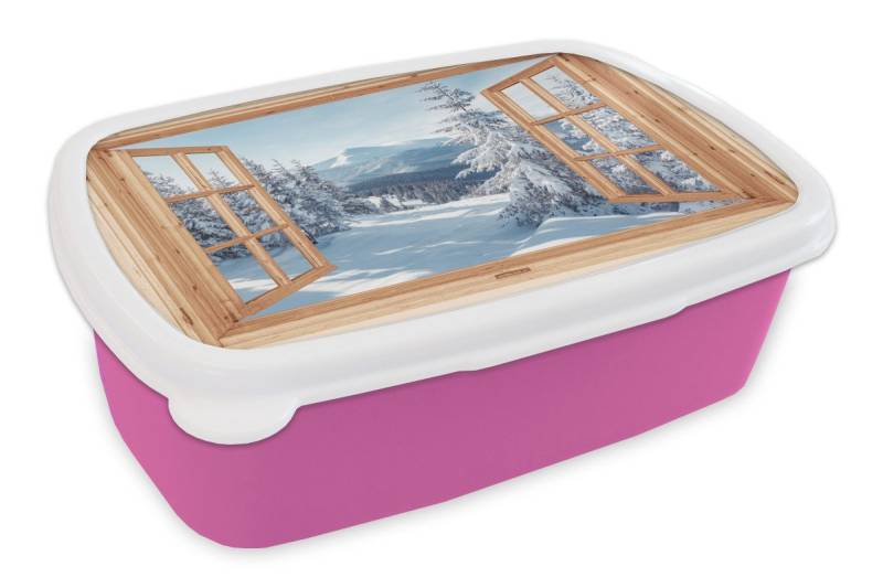 MuchoWow Lunchbox Durchblick - Winterlandschaft - Natur - Berg - Bäume - Holz, Kunststoff, (2-tlg), Brotdosen, Lunch Box, Brotbox für Kinder und Erwachsene von MuchoWow