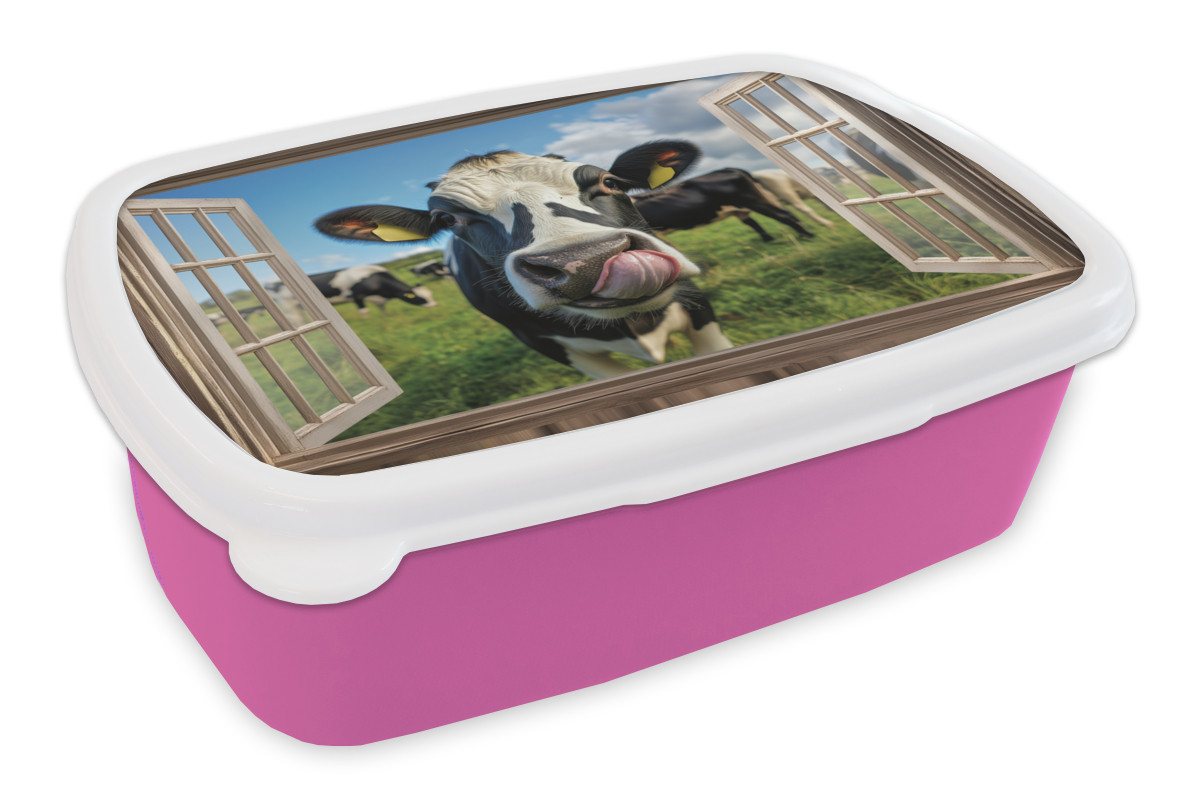 MuchoWow Lunchbox Durchgucken - Kuh - Wiese - Tiere - Natur, Kunststoff, (2-tlg), Brotdosen, Lunch Box, Brotbox für Kinder und Erwachsene von MuchoWow