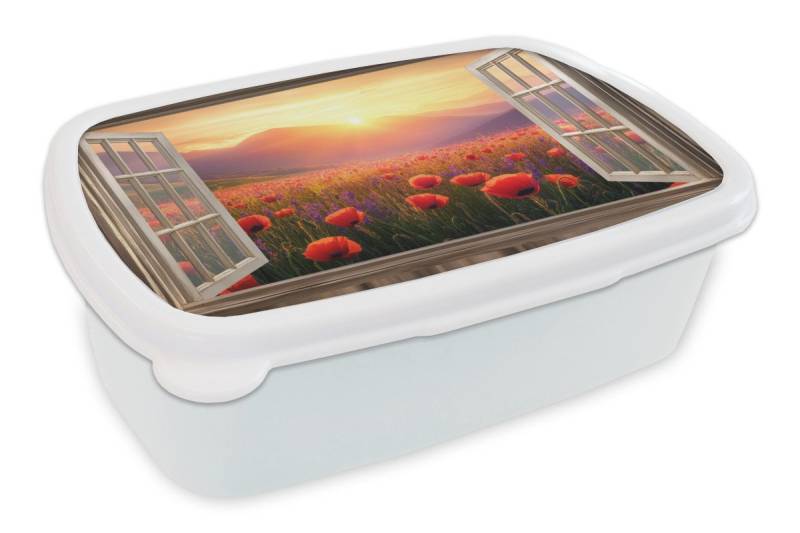 MuchoWow Lunchbox Durchsichtig - Mohnblumen - Blumen - Rot - Offenes Fenster, Kunststoff, (2-tlg), Brotdose Schule oder Arbeit, Brotbox für Kinder und Erwachsene von MuchoWow