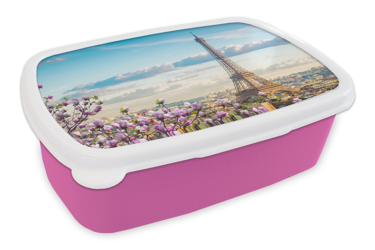 MuchoWow Lunchbox Eiffelturm - Blüte - Frühling, Kunststoff, (2-tlg), Brotbox für Erwachsene, Brotdose Kinder, Snackbox, Mädchen, Kunststoff von MuchoWow