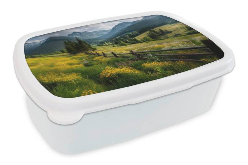 MuchoWow Lunchbox Feld - Zaun - Berge - Blumen, Kunststoff, (2-tlg), Brotdose Schule oder Arbeit, Brotbox für Kinder und Erwachsene von MuchoWow