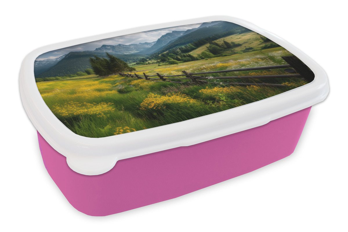 MuchoWow Lunchbox Feld - Zaun - Berge - Blumen, Kunststoff, (2-tlg), Brotdosen, Lunch Box, Brotbox für Kinder und Erwachsene von MuchoWow