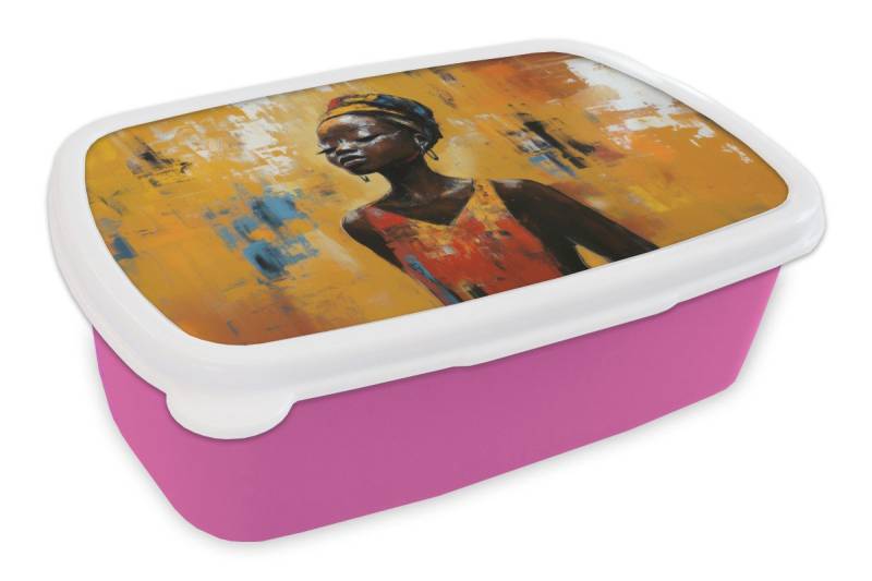 MuchoWow Lunchbox Frau - Augen - Pinselstriche - Gelb, Kunststoff, (2-tlg), Brotdosen, Lunch Box, Brotbox für Kinder und Erwachsene von MuchoWow