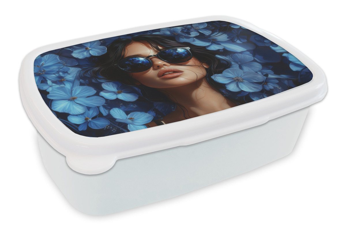 MuchoWow Lunchbox Frau - Blau - Blumen - Schmetterlinge - Natur, Kunststoff, (2-tlg), Brotdose Schule oder Arbeit, Brotbox für Kinder und Erwachsene von MuchoWow