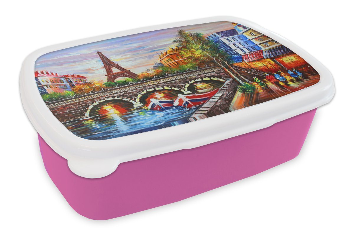MuchoWow Lunchbox Gemälde - Öl - Eiffelturm - Paris - Wasser, Kunststoff, (2-tlg), Brotbox für Erwachsene, Brotdose Kinder, Snackbox, Mädchen, Kunststoff von MuchoWow