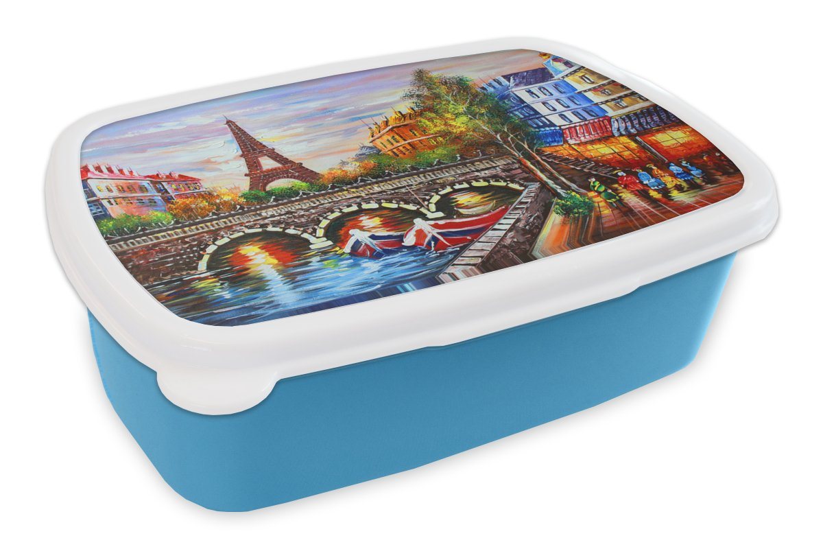 MuchoWow Lunchbox Gemälde - Öl - Eiffelturm - Paris - Wasser, Kunststoff, (2-tlg), Brotdose für kindergarten, Vesperbox, Snackbox, Brotbox, Jungen von MuchoWow