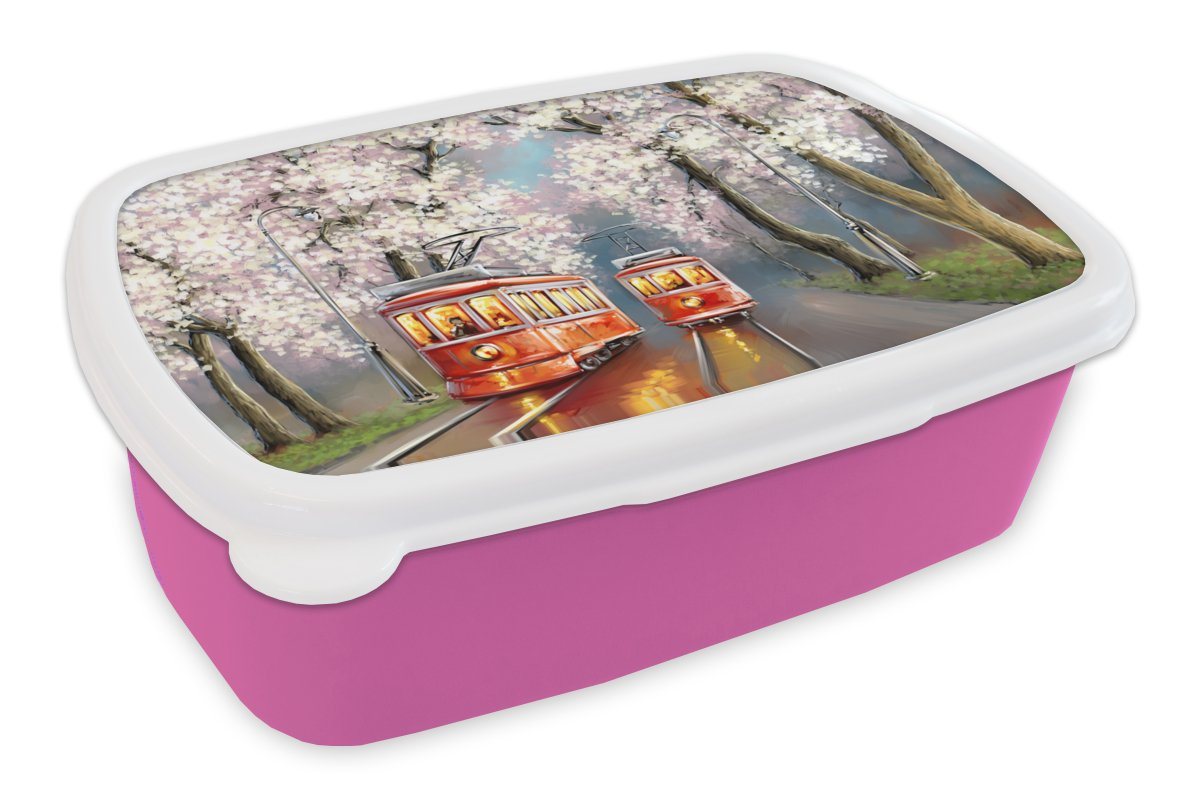 MuchoWow Lunchbox Gemälde - Ölgemälde - Straßenbahn - Blühender Baum, Kunststoff, (2-tlg), Brotbox für Erwachsene, Brotdose Kinder, Snackbox, Mädchen, Kunststoff von MuchoWow