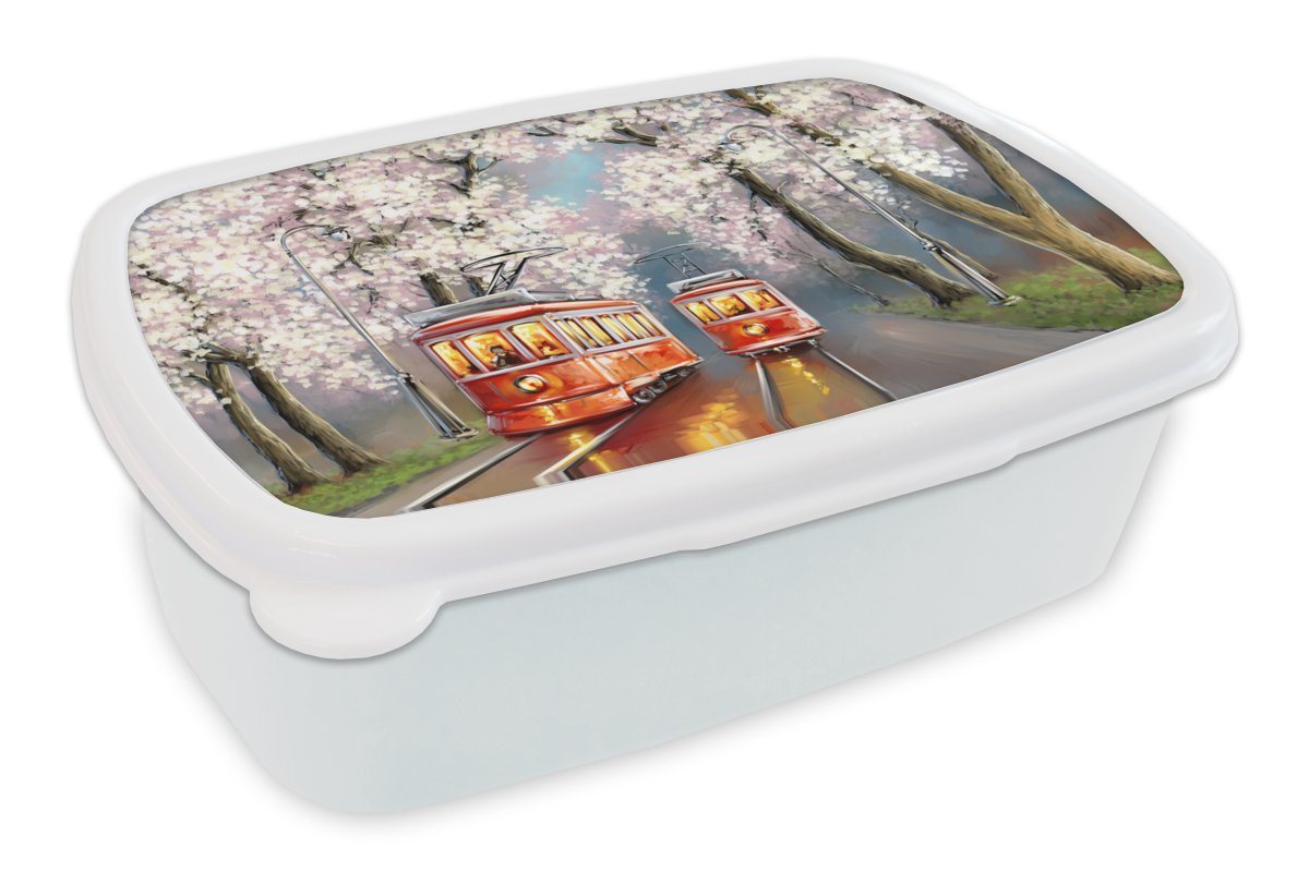 MuchoWow Lunchbox Gemälde - Ölgemälde - Straßenbahn - Blühender Baum, Kunststoff, (2-tlg), Brotbox für Kinder und Erwachsene, Brotdose, für Jungs und Mädchen von MuchoWow