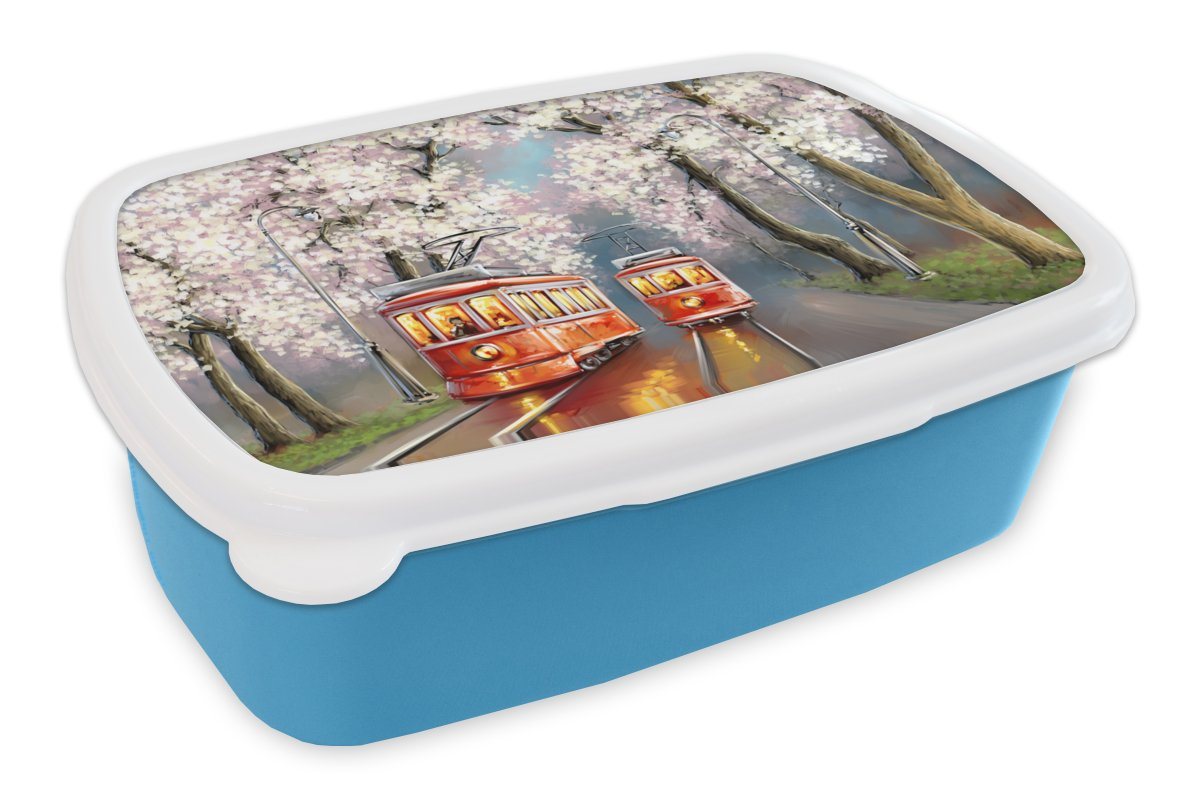 MuchoWow Lunchbox Gemälde - Ölgemälde - Straßenbahn - Blühender Baum, Kunststoff, (2-tlg), Brotdose für kindergarten, Vesperbox, Snackbox, Brotbox, Jungen von MuchoWow