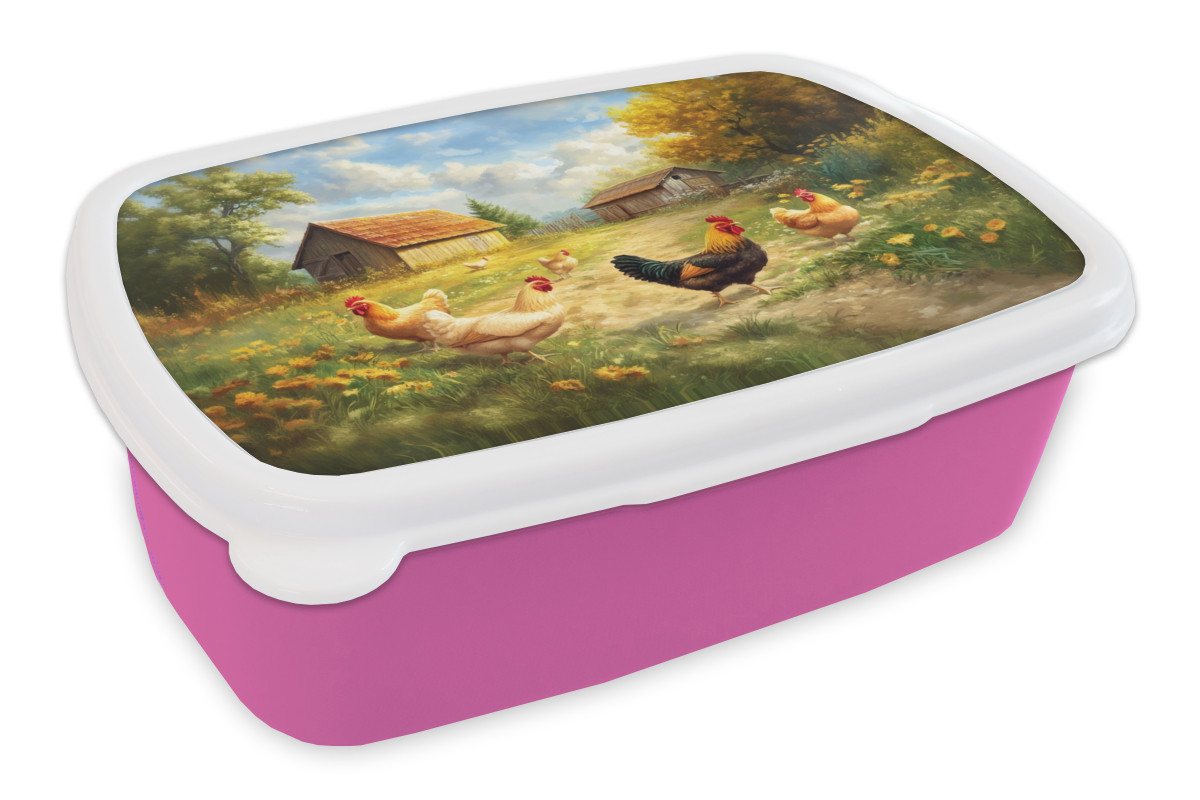 MuchoWow Lunchbox Hühner - Ländliche Beschaulichkeit - Natur, Kunststoff, (2-tlg), Brotdosen, Lunch Box, Brotbox für Kinder und Erwachsene von MuchoWow