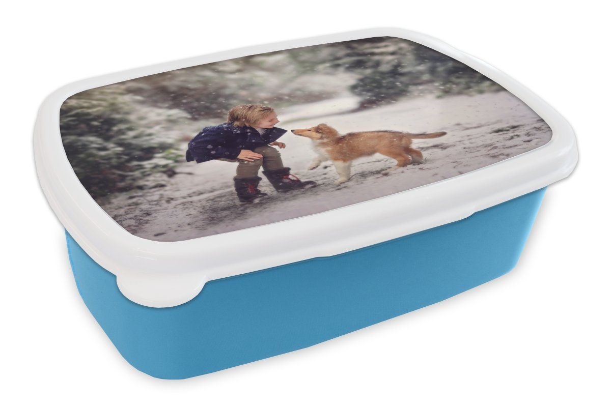 MuchoWow Lunchbox Hund - Kind - Schnee, Kunststoff, (2-tlg), Brotdose für kindergarten, Vesperbox, Snackbox, Brotbox, Jungen von MuchoWow