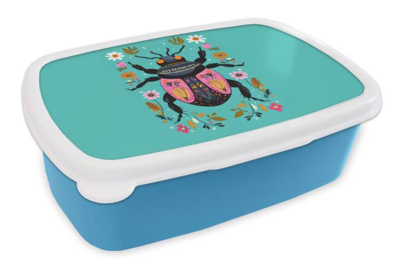 MuchoWow Lunchbox Käfer - Blumen - Türkis - Blätter, Kunststoff, (2-tlg), Brotdose, Lunchbox, Brotbox für Kinder und Erwachsene von MuchoWow