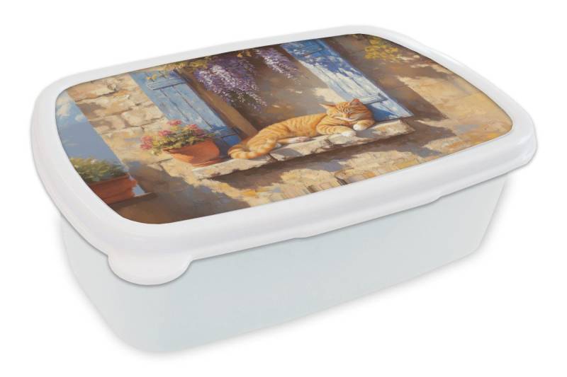MuchoWow Lunchbox Katze - Fensterbank aus Stein - Blumen, Kunststoff, (2-tlg), Brotdose Schule oder Arbeit, Brotbox für Kinder und Erwachsene von MuchoWow