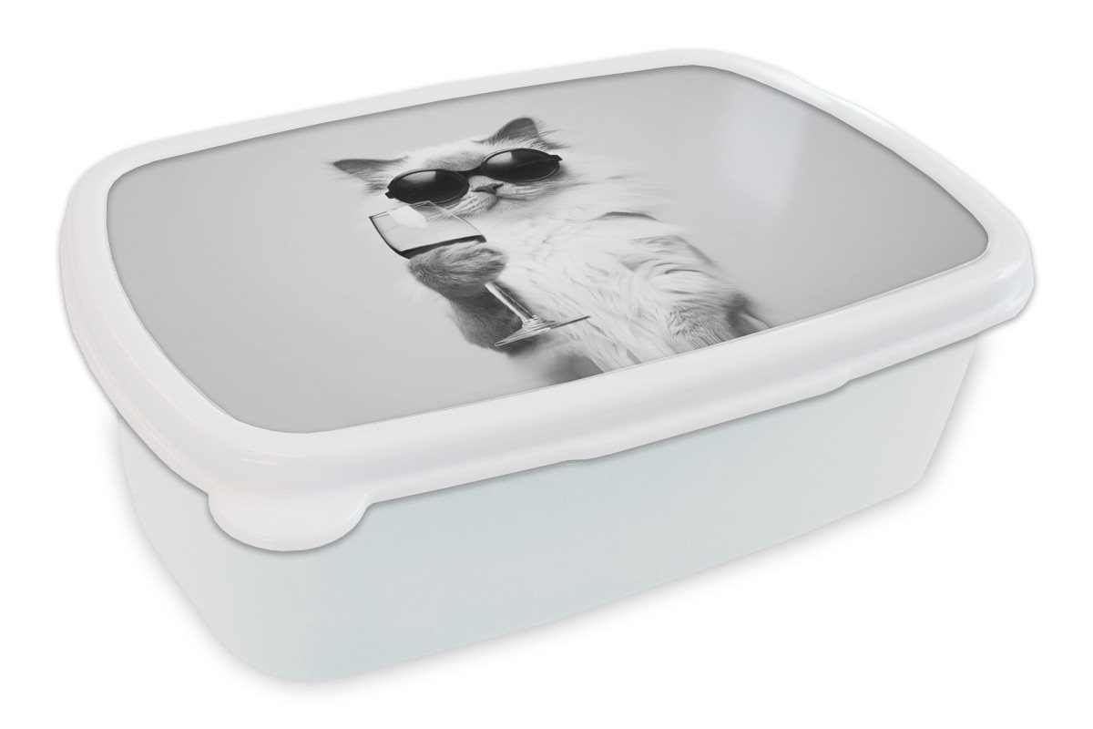 MuchoWow Lunchbox Katze - Sonnenbrille - Weinglas - Langhaarig, Kunststoff, (2-tlg), Brotdose Schule oder Arbeit, Brotbox für Kinder und Erwachsene von MuchoWow