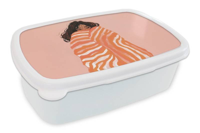 MuchoWow Lunchbox Mädchen - Decke - Gestreift - Orange, Kunststoff, (2-tlg), Brotdose Schule oder Arbeit, Brotbox für Kinder und Erwachsene von MuchoWow