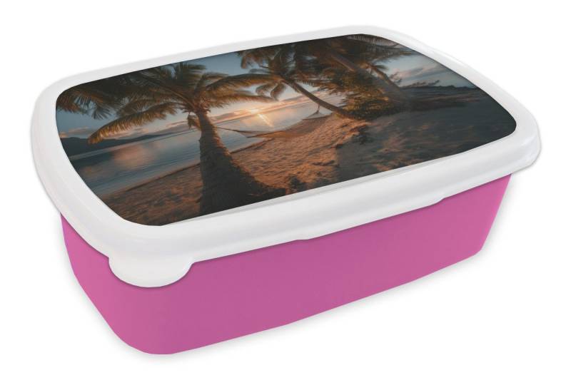 MuchoWow Lunchbox Palmen - Hängematte - Strand - Sonnenuntergang, Kunststoff, (2-tlg), Brotdosen, Lunch Box, Brotbox für Kinder und Erwachsene von MuchoWow