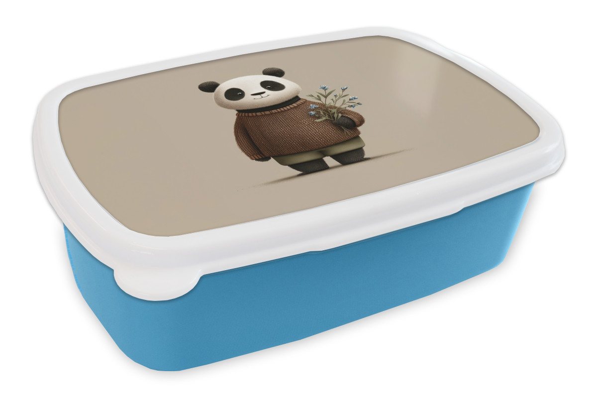 MuchoWow Lunchbox Panda - Blaue Blumen - Sanftheit, Kunststoff, (2-tlg), Brotdose, Lunchbox, Brotbox für Kinder und Erwachsene von MuchoWow