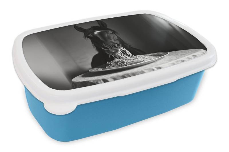 MuchoWow Lunchbox Pferd - Teller - Pasta - Tischtuch - Schwarz und weiß - Tiere, Kunststoff, (2-tlg), Brotdose, Lunchbox, Brotbox für Kinder und Erwachsene von MuchoWow
