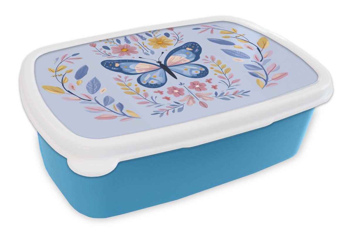 MuchoWow Lunchbox Schmetterling - Hellblau - Ornamental - Blumen, Kunststoff, (2-tlg), Brotdose, Lunchbox, Brotbox für Kinder und Erwachsene von MuchoWow