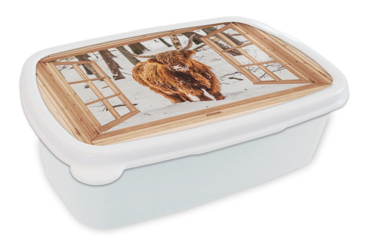 MuchoWow Lunchbox Schottische Highlander - Winter - Landschaft - Natur - Tiere - Ansicht, Kunststoff, (2-tlg), Brotdose Schule oder Arbeit, Brotbox für Kinder und Erwachsene von MuchoWow