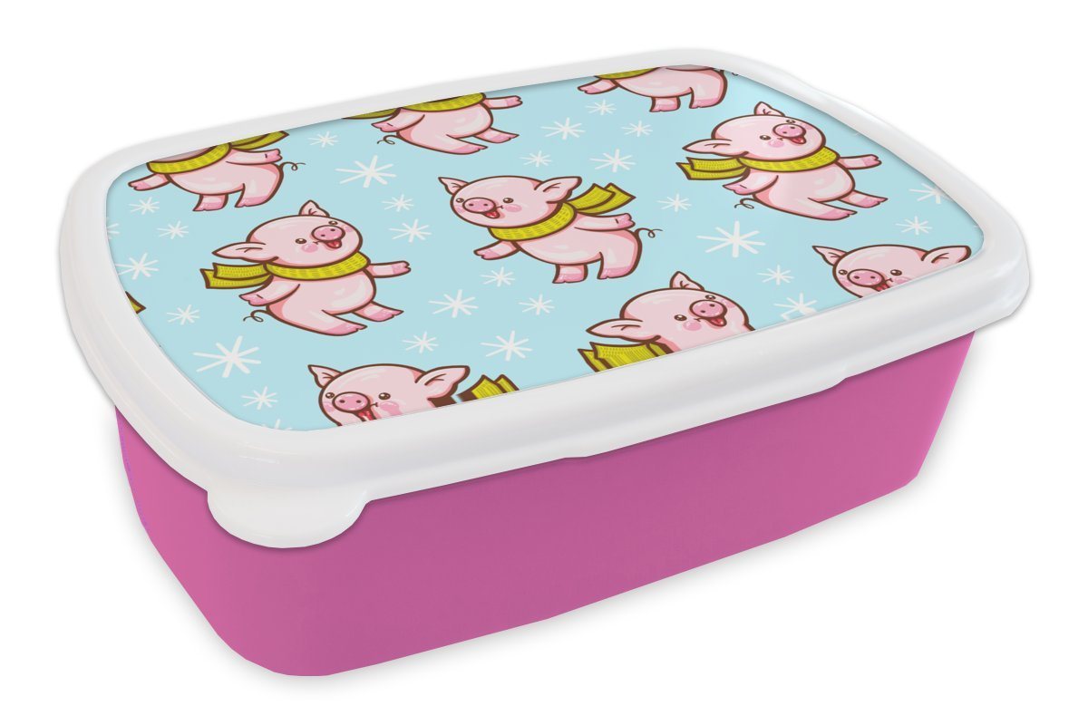 MuchoWow Lunchbox Schwein - Schal - Kinder - Weihnachten - Schnittmuster, Kunststoff, (2-tlg), Brotbox für Erwachsene, Brotdose Kinder, Snackbox, Mädchen, Kunststoff von MuchoWow