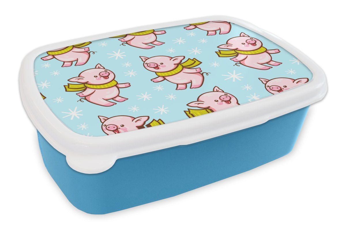 MuchoWow Lunchbox Schwein - Schal - Kinder - Weihnachten - Schnittmuster, Kunststoff, (2-tlg), Brotdose für kindergarten, Vesperbox, Snackbox, Brotbox, Jungen von MuchoWow